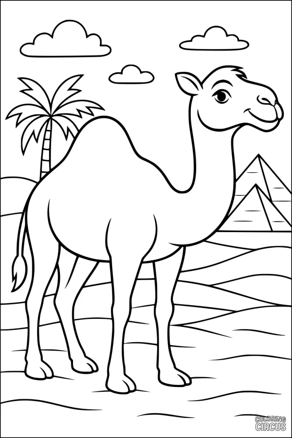 Coloring page of a friendly camel standing in a desert with palm tree, pyramids, and clouds in the background