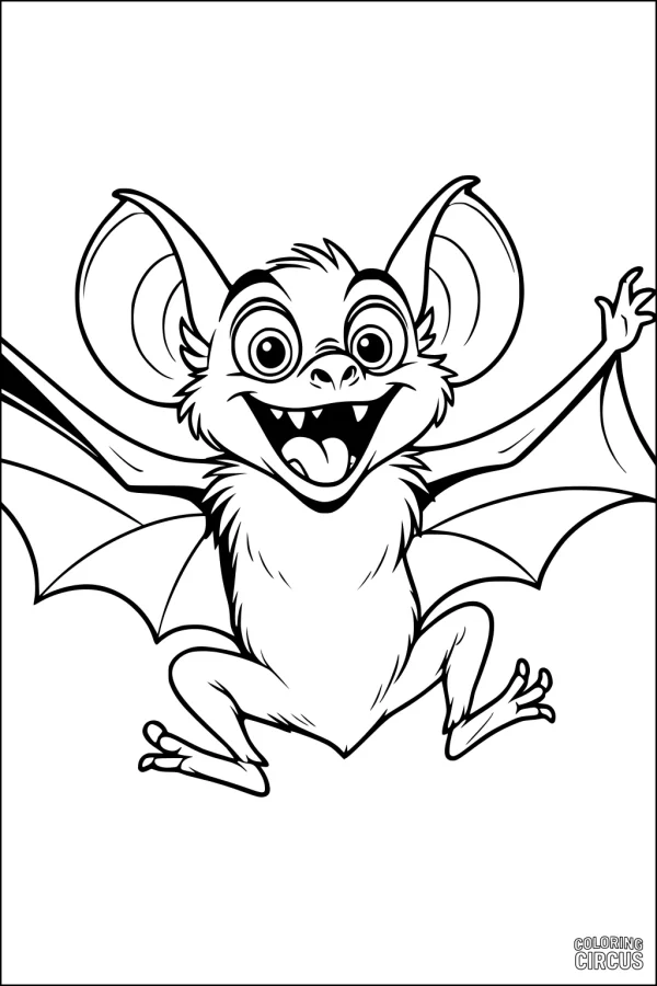 Coloring page of a happy cartoon bat with large ears and wide wings