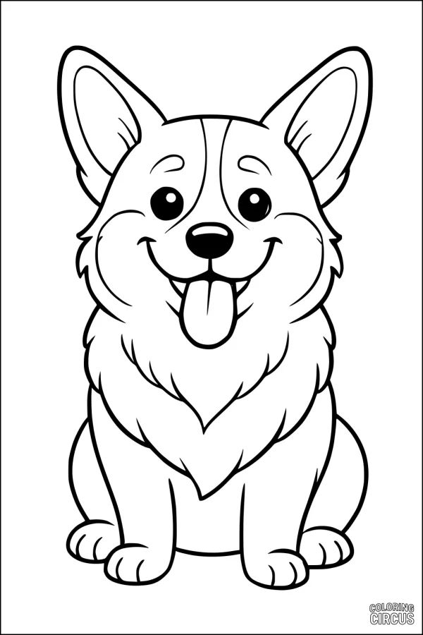 Coloring page featuring a cute cartoon dog with fluffy fur and a playful expression