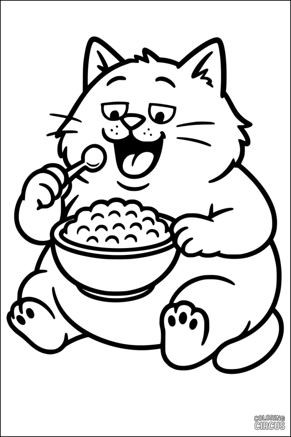 Coloring page featuring a cute chubby cat eating cereal from a bowl