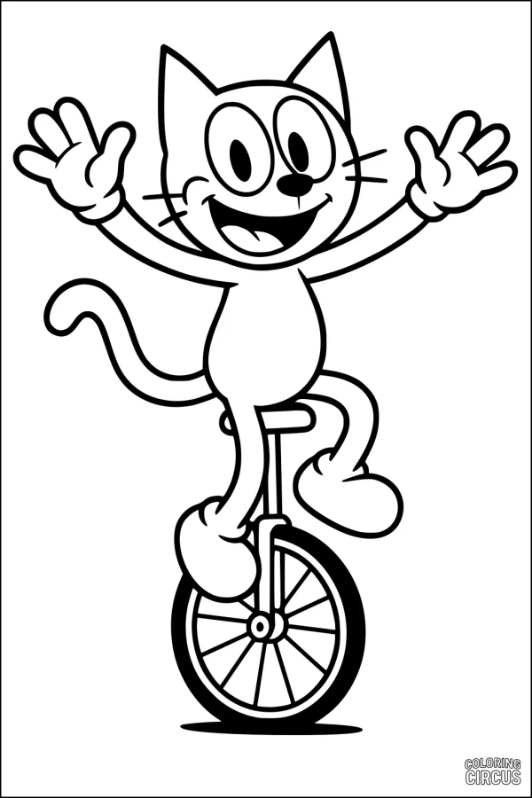 Coloring page of a happy cat riding a unicycle and waving paws