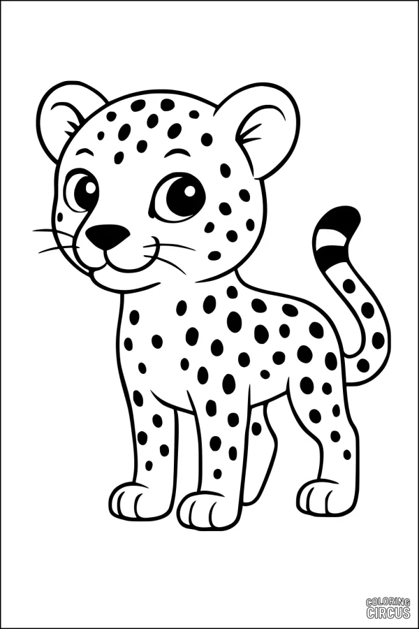 Coloring page of a cute cartoon cheetah cub with big eyes and playful spots