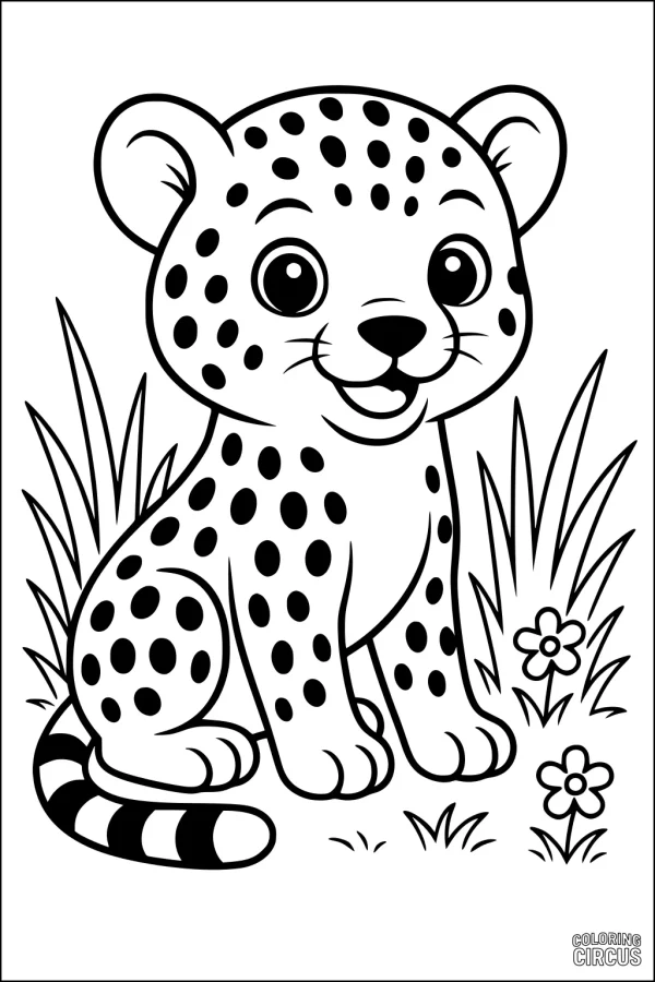 Coloring page of a cute baby cheetah sitting in grass with flowers