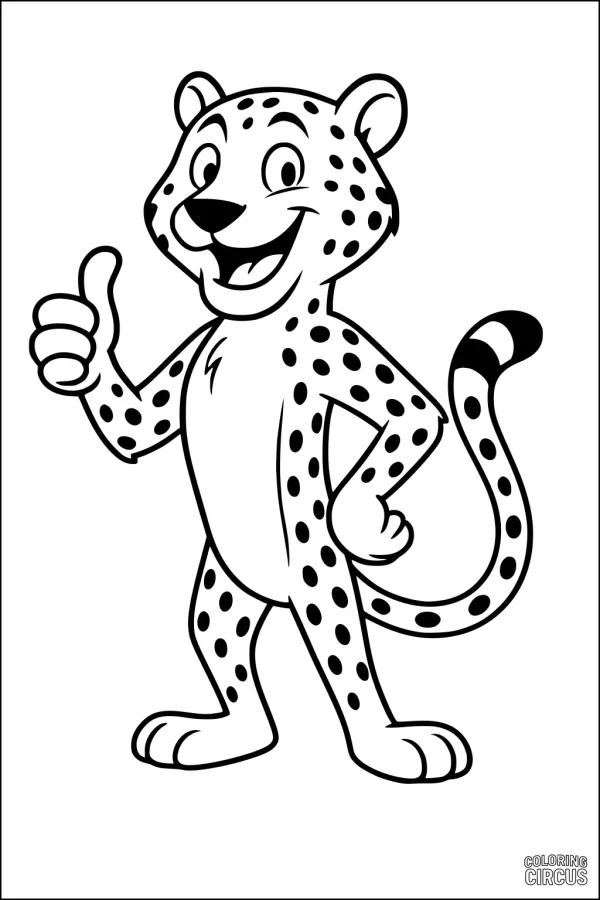 Coloring page of a cartoon cheetah character smiling and giving a thumbs up