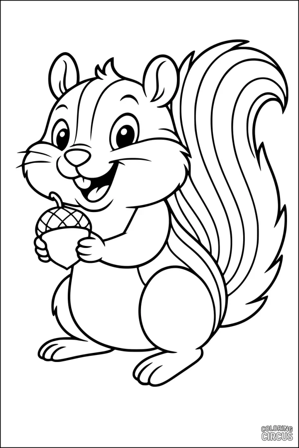 Coloring page of a cute chipmunk holding a large acorn, featuring big eyes and a fluffy tail