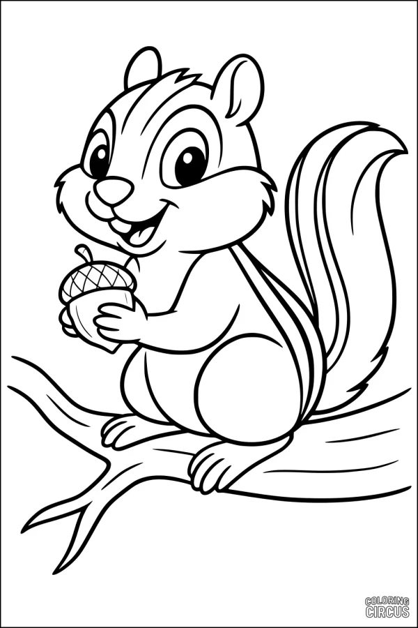 Coloring page of a smiling cartoon chipmunk sitting on a tree branch holding an acorn