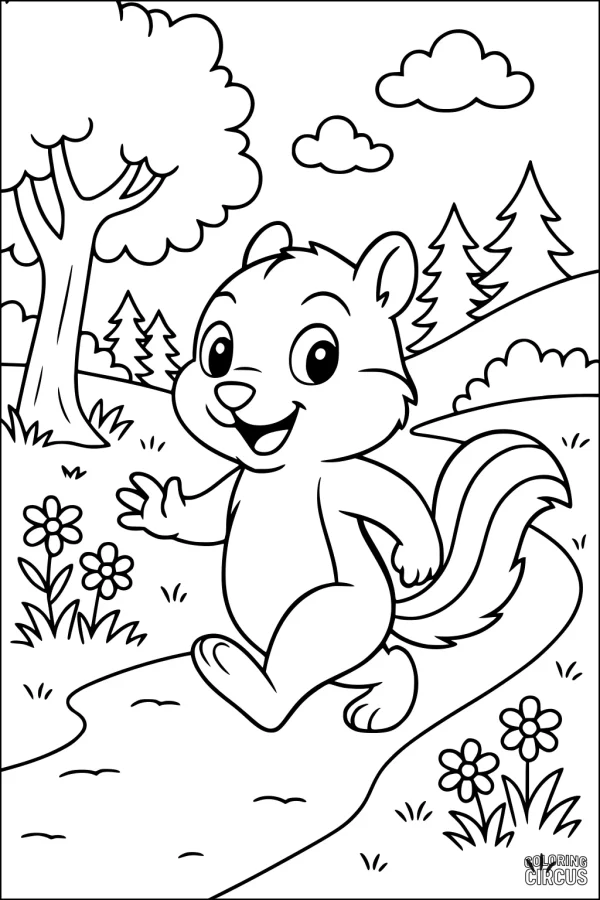 Coloring page with a cartoon chipmunk walking on a forest path, trees, flowers, and clouds in the background.