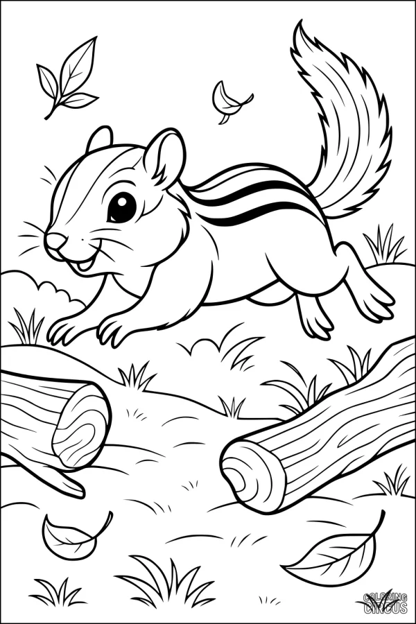 Coloring page featuring a smiling chipmunk leaping past logs and leaves in a grassy forest scene