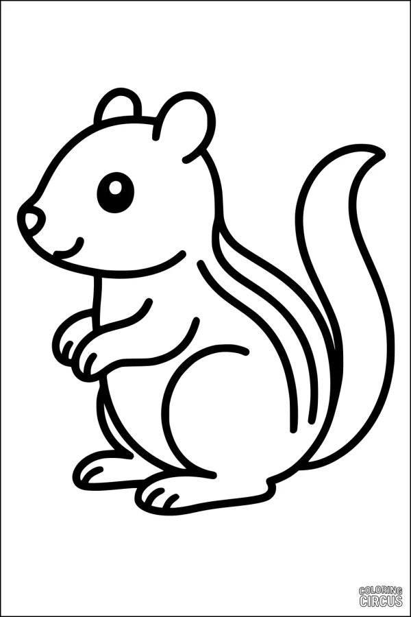 Coloring page of a smiling chipmunk standing on two legs with a bushy tail