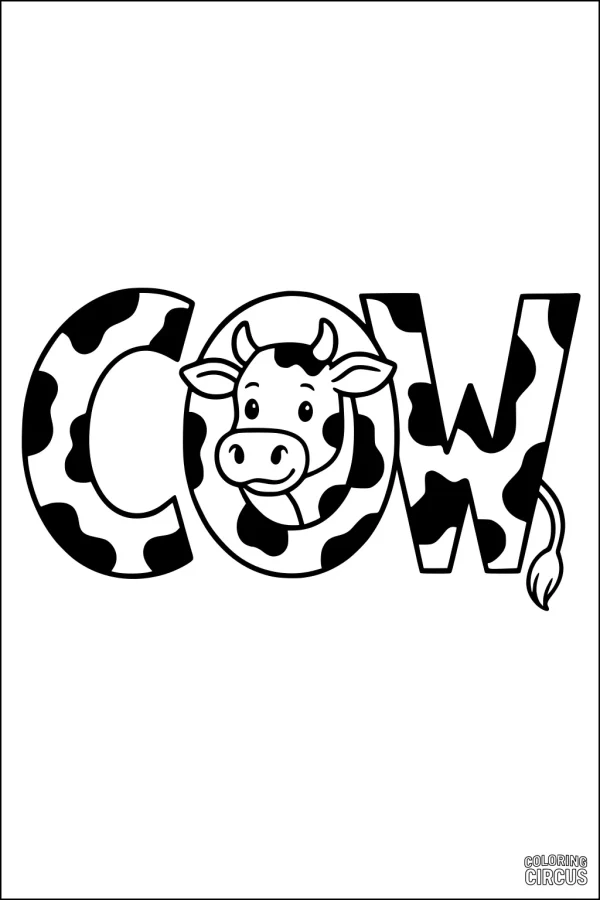Coloring page featuring a cute cow face and tail surrounded by the letters C, O, and W with cow spots