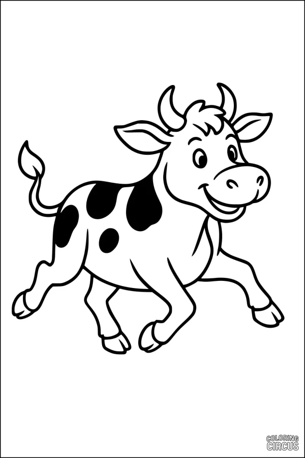 Coloring page shows a smiling cartoon cow skipping joyfully with large spots and playful expression