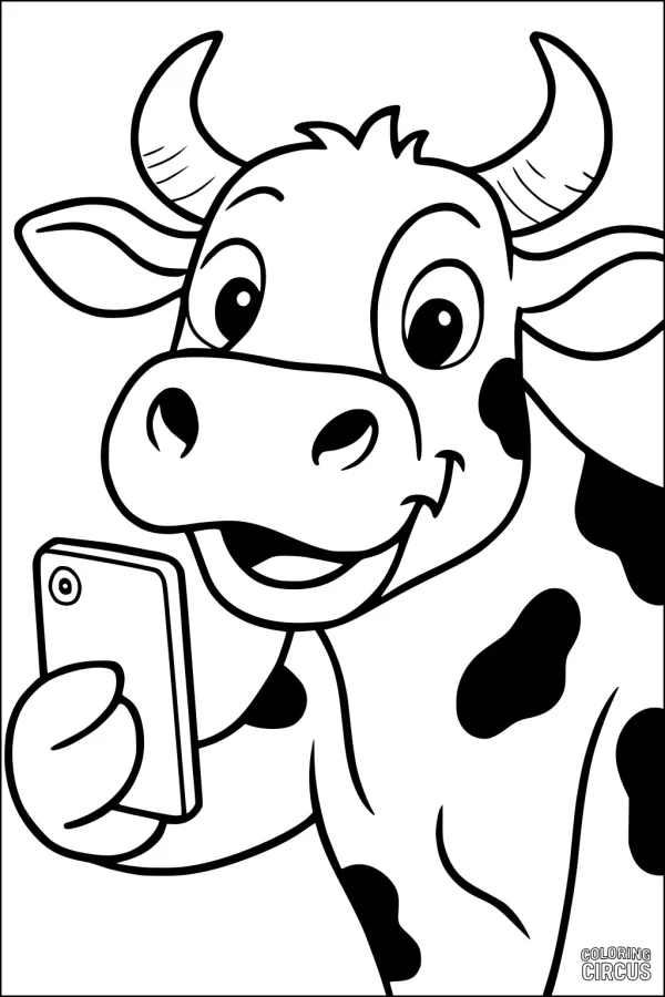 Coloring page of a smiling cartoon cow taking a selfie with a phone