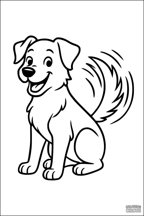 Coloring page of a smiling cartoon dog with wagging tail