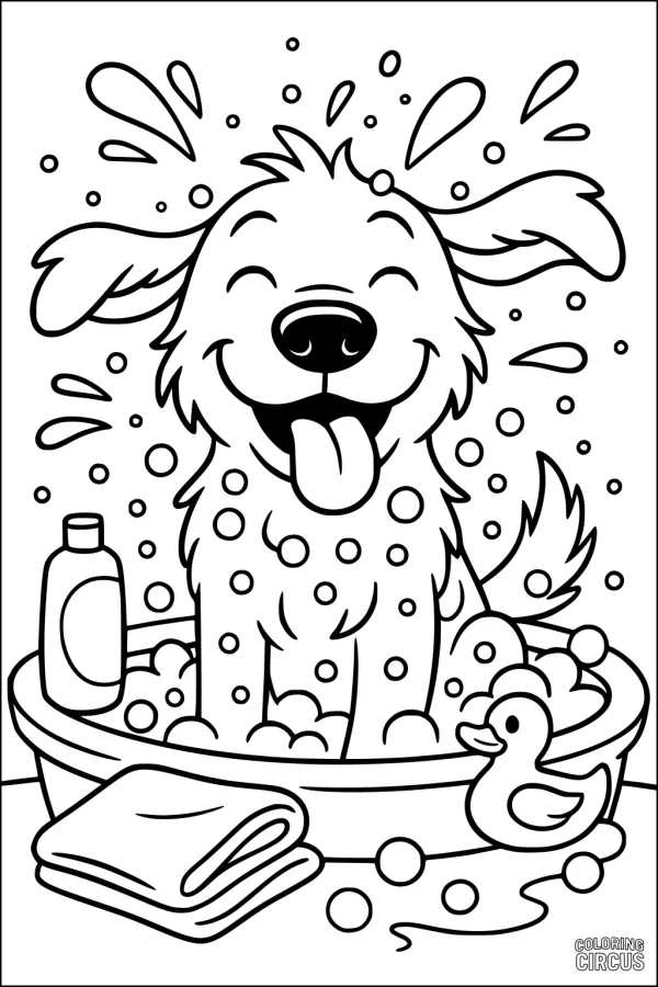 Coloring page of a happy dog enjoying a bubbly bath in a tub with a towel, shampoo bottle, and rubber duck
