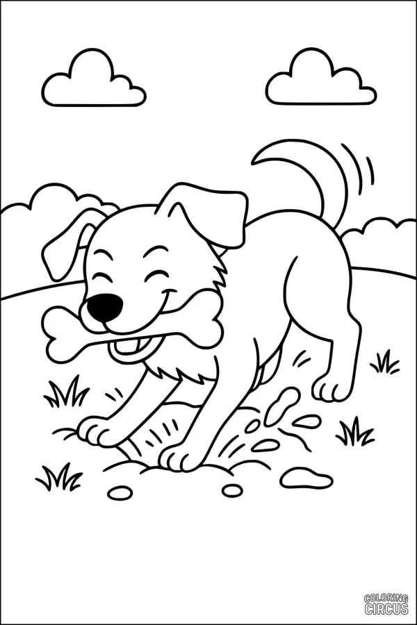 Coloring page happy cartoon dog holding a bone outside in the grass with clouds in the sky
