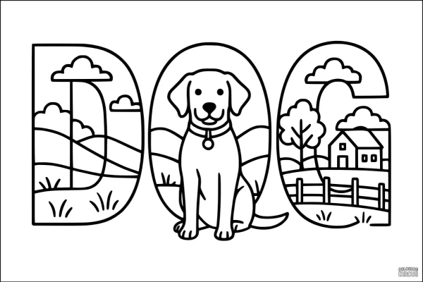 Coloring page with a cartoon dog sitting in front of a country landscape, with hills, clouds, trees, and a house inside the letters spelling DOG.
