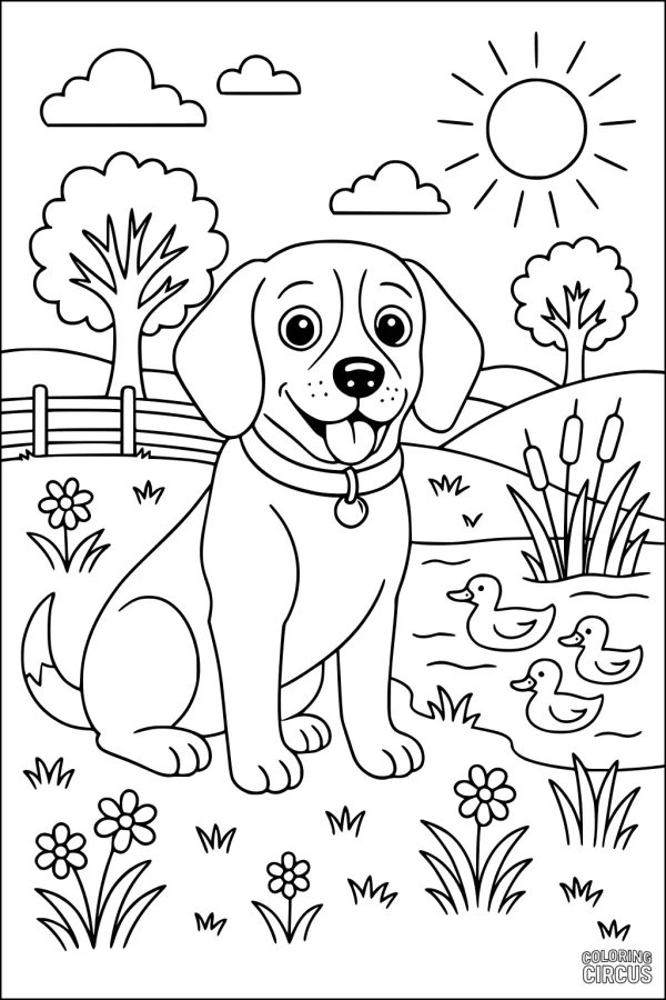 Coloring page featuring a happy dog sitting in a field with flowers, trees, a sunny sky, and ducks swimming in a pond.