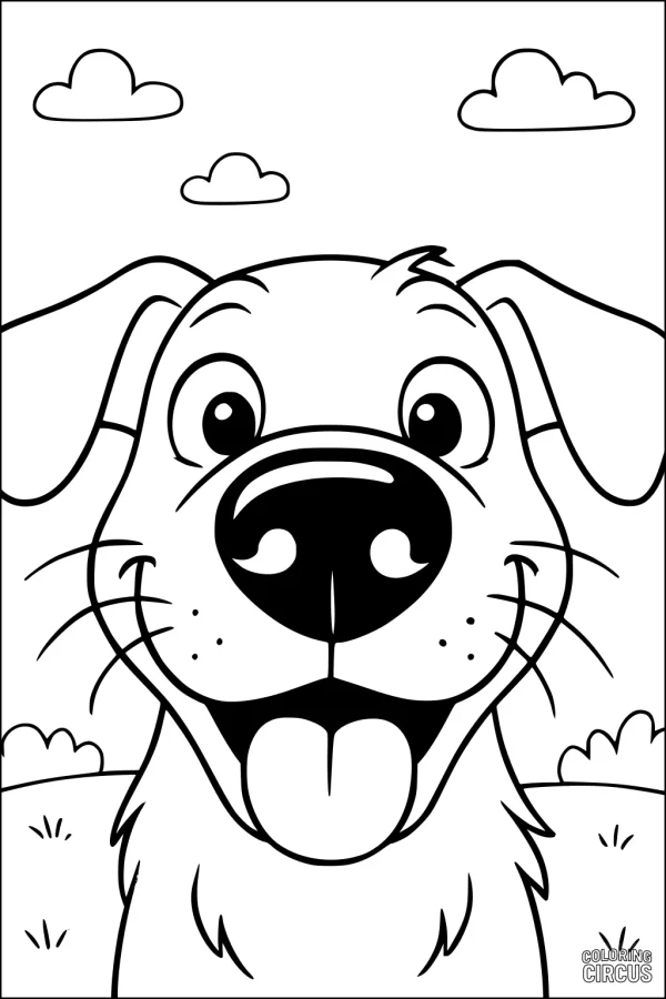 Coloring page close-up of a happy cartoon dog smiling in a field with clouds