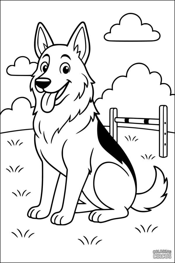 Coloring page of a cheerful cartoon dog sitting in a park with clouds and a jumping bar in the background.