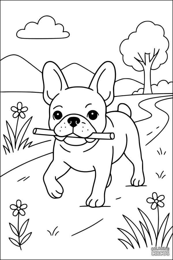 Coloring page cute cartoon dog with stick on outdoor path