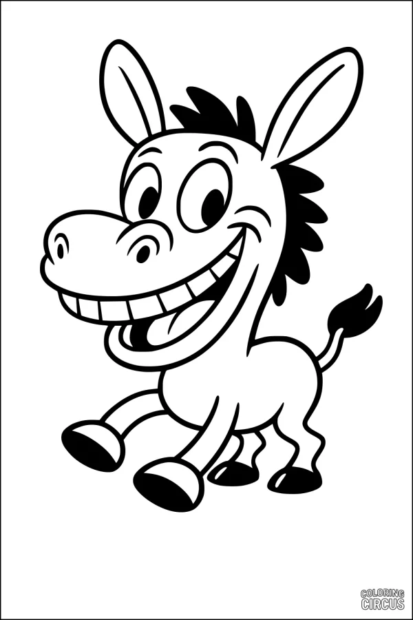 Coloring page of a smiling cartoon donkey with big ears and happy eyes