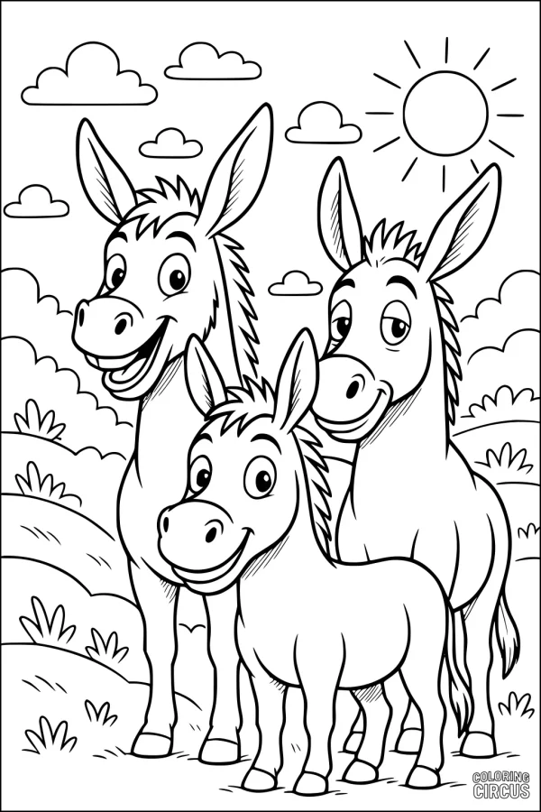 Coloring page featuring three smiling donkeys standing together outdoors under a sunny sky with clouds and grassy hills
