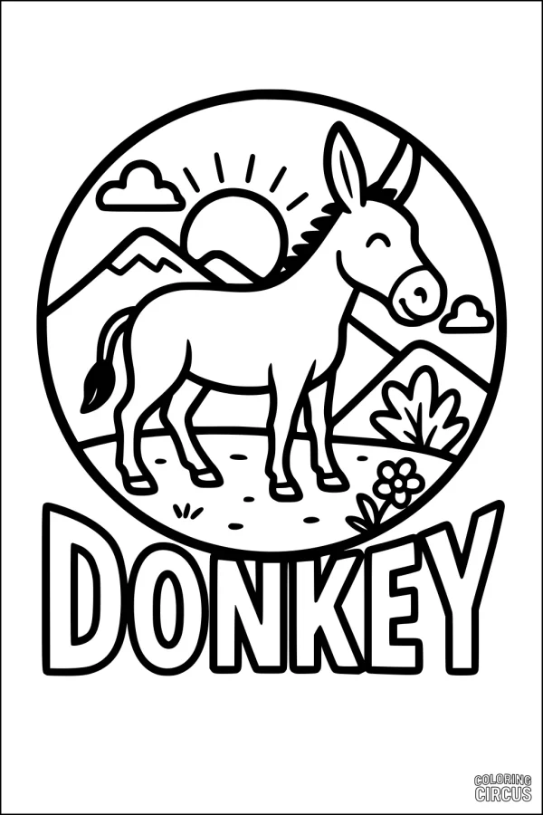 Coloring page featuring a smiling donkey with mountains, sun, and wildflowers in the background, labeled 'donkey'