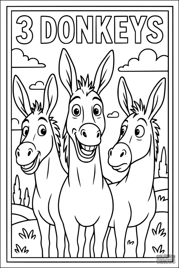 Coloring page showing three cartoon donkeys in a meadow with large ears and smiling faces
