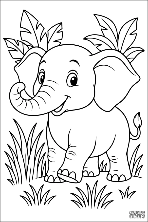 Coloring page featuring a cute elephant standing in grass with large leaves in the background, suitable for young children.