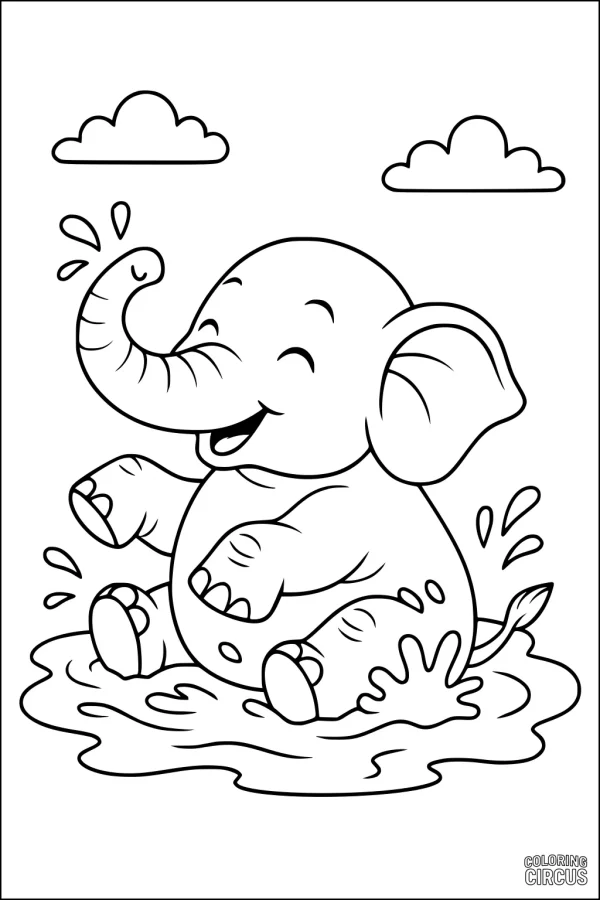 Coloring page showing a cute cartoon elephant splashing joyfully in a puddle under two clouds