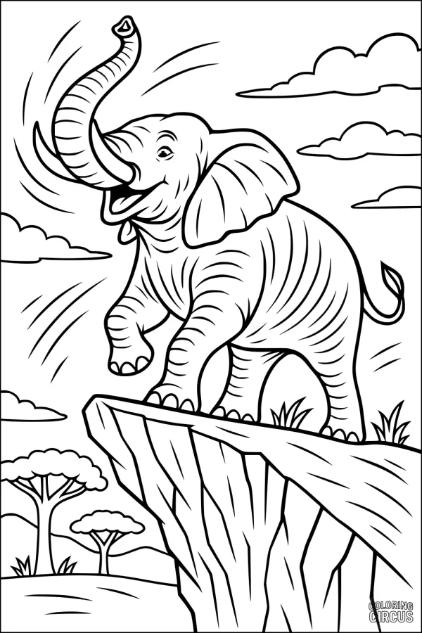Coloring page of a cheerful elephant with trunk raised standing on a cliff in a savanna landscape with clouds and trees