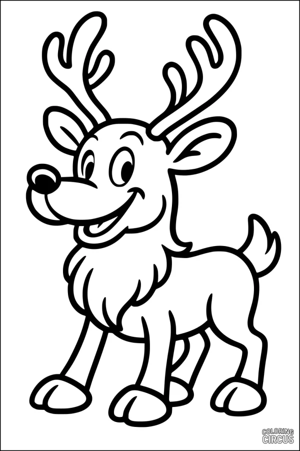 Coloring page featuring a cheerful cartoon elk with large antlers, designed for young children