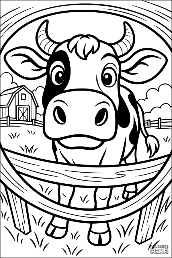 Coloring page featuring a cute cow standing behind a fence with a barn and fields in the background