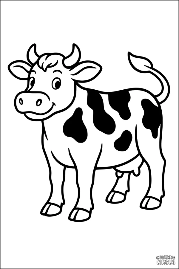 Coloring page featuring a smiling cartoon farm cow with patches