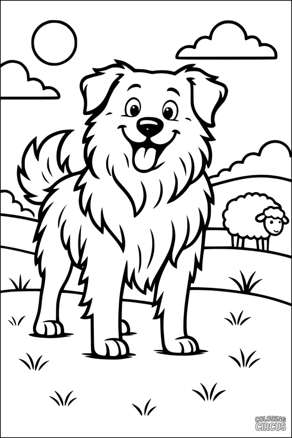 Coloring page of a happy cartoon farm dog with a sheep and hills in the background