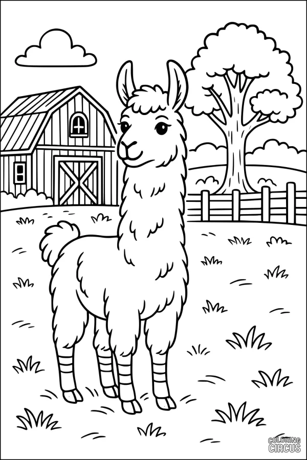 Coloring page of a smiling llama standing in a grassy farmyard with a barn and tree in the background