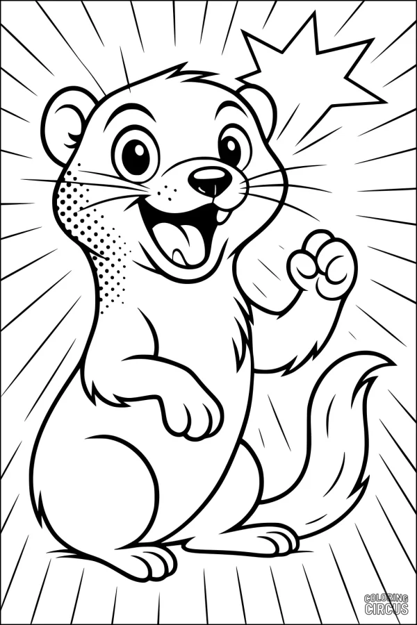 Coloring page featuring a smiling cartoon ferret waving with a burst of lines behind it.