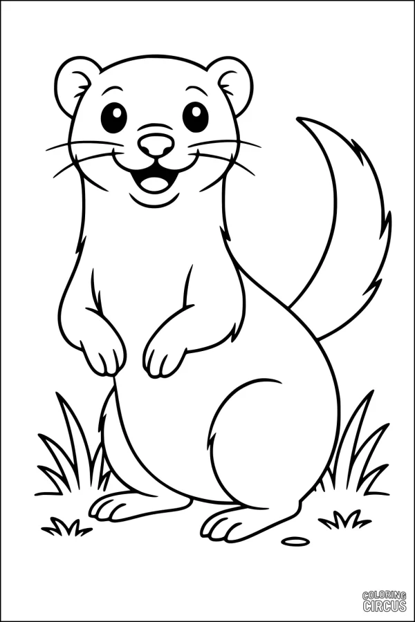 Coloring page of a happy cartoon ferret sitting in grass with a big smile