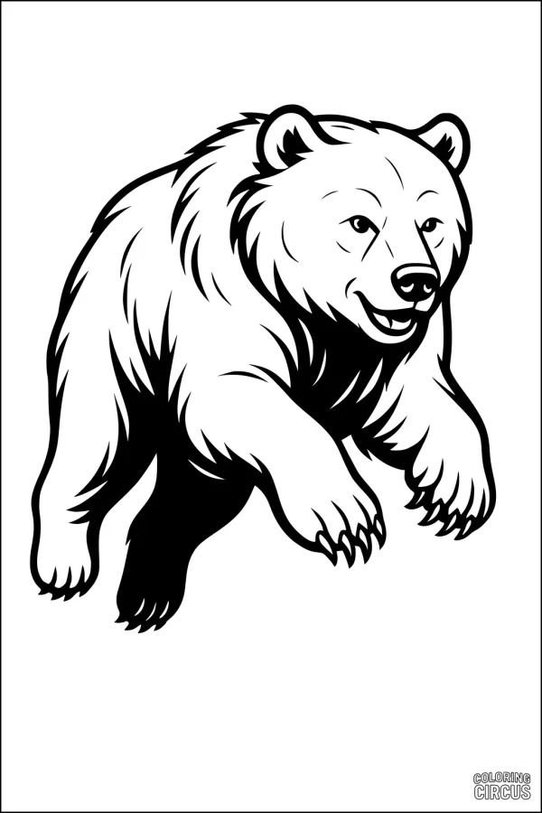Coloring page of a friendly cartoon bear walking with a smile, perfect for young children learning about bears