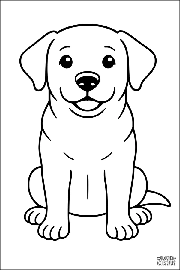 Coloring page of a smiling cartoon dog sitting, friendly for kids