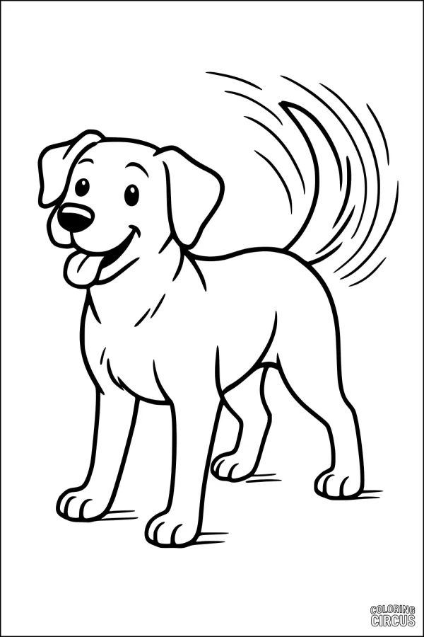 Coloring page happy dog wagging tail cartoon