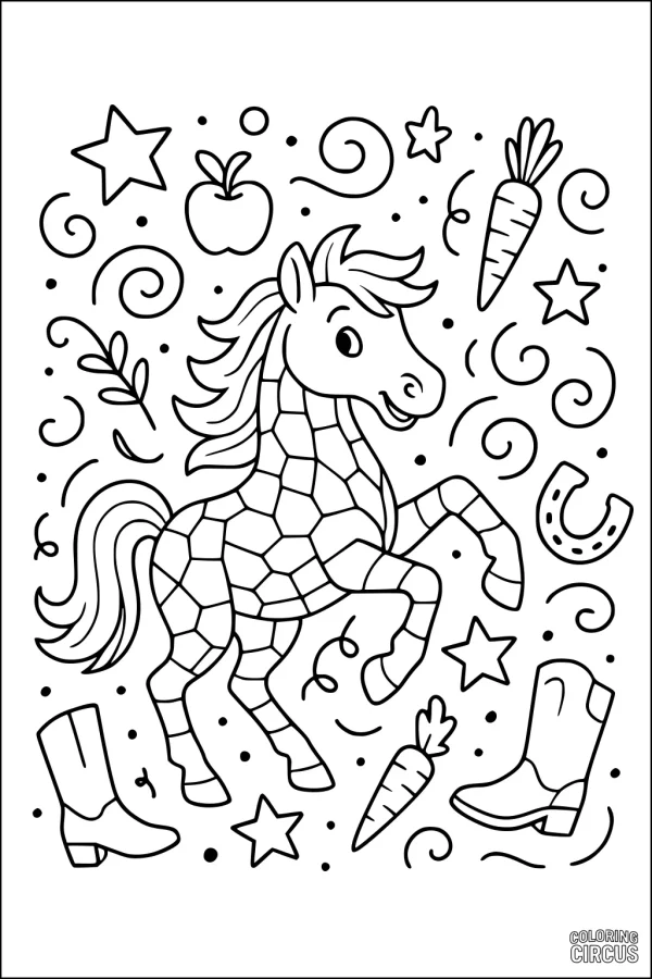 Coloring page showing a cartoon horse with a patchwork pattern, surrounded by stars, swirls, carrots, cowboy boots, an apple, and a horseshoe