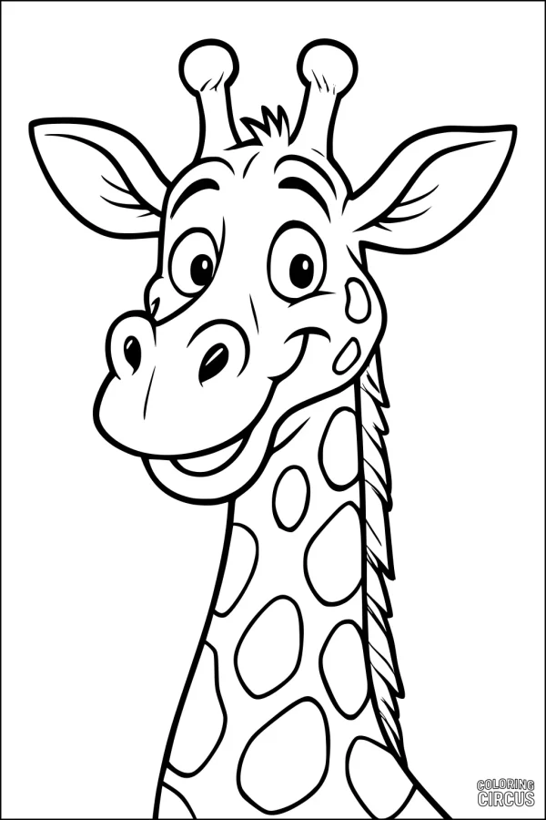 Coloring page featuring a smiling cartoon giraffe with big eyes and spots, ideal for young children.