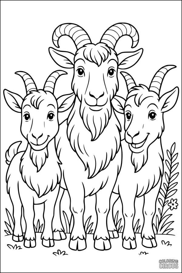 Coloring page showing a family of three friendly goats standing together with plants and flowers