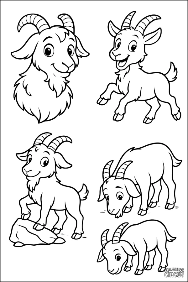 Coloring page featuring five cute cartoon goats in different playful poses