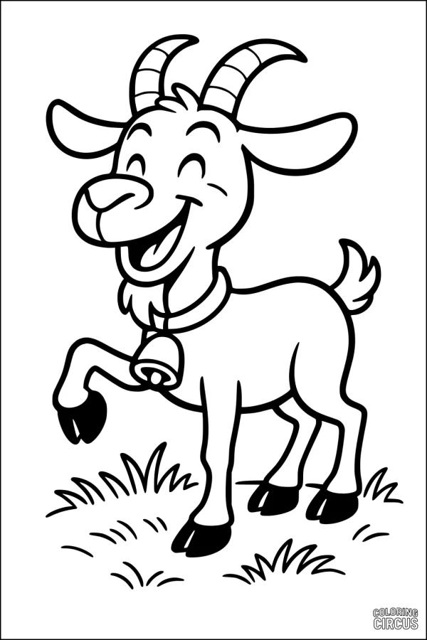 Coloring page of a cheerful cartoon goat standing on grass, smiling with a bell around its neck