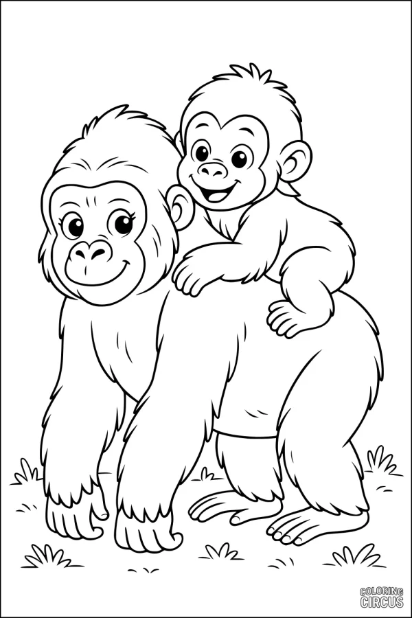 Coloring page of a cheerful baby gorilla riding on an adult gorilla's back in a grassy field