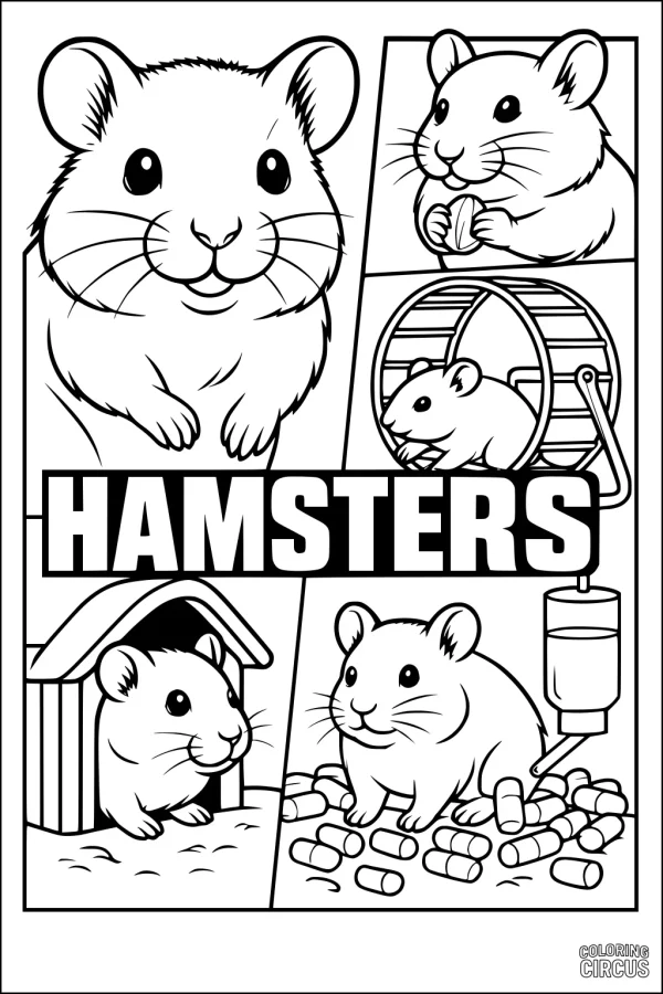 Coloring page showing playful hamsters in different scenes including a wheel, house, and food pellets