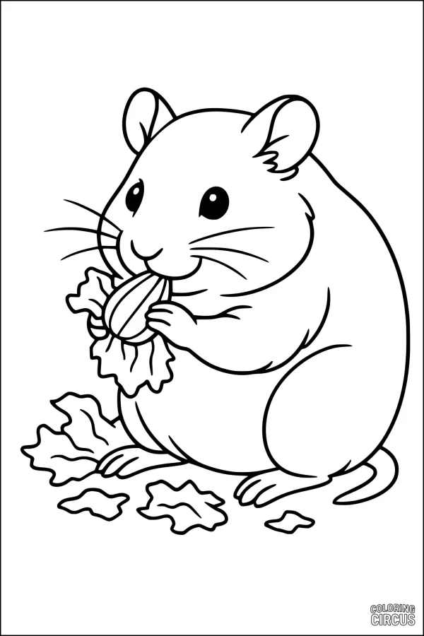Coloring page of a cute hamster eating a leafy snack, perfect for children interested in hamsters and small animals.