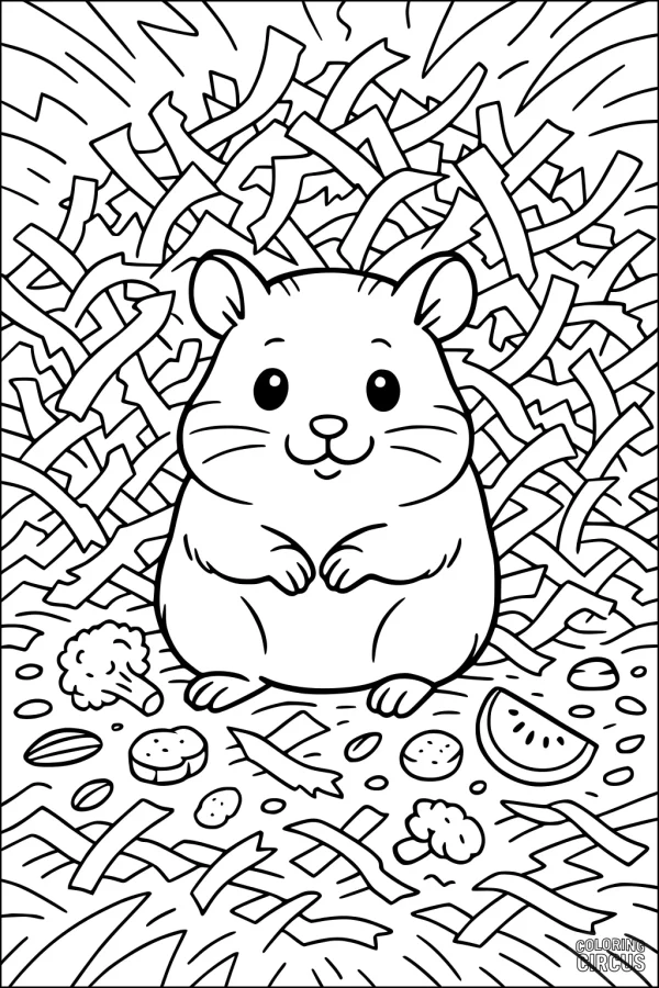 Coloring page featuring a cute hamster surrounded by shredded paper and snacks such as broccoli and watermelon